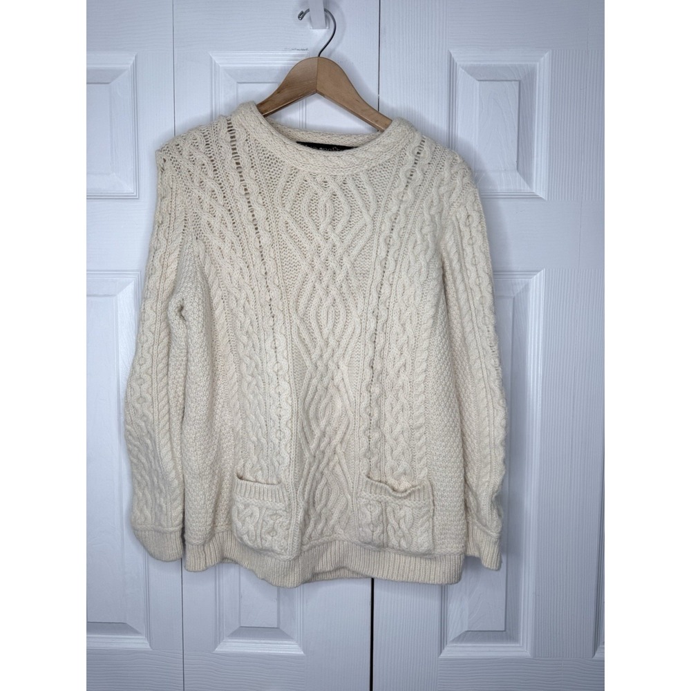 VTG Inis‎ Crafts Fisherman Cable Chunky Knit Sweater 100% Wool Cream Pockets L